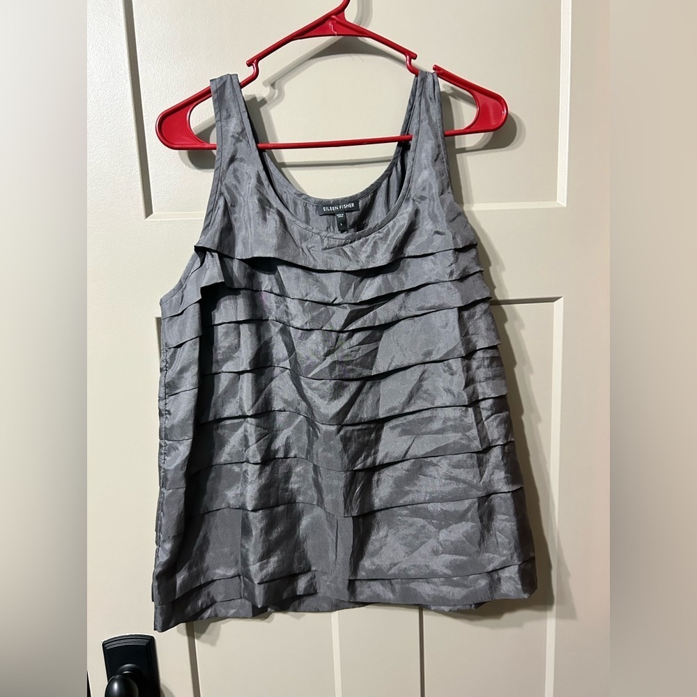 Eileen Fisher Moon Gray habutai sleeveless tiered panel tank top 💯 Silk